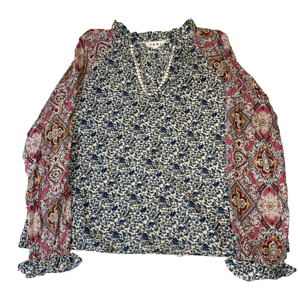 Thml Boho Colorblock Shirt Blouse Large Cottagecore Victorian Long Sleeve Top